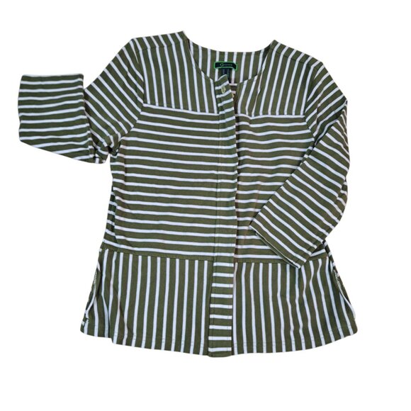 C Wonder Women's 3/4 Sleeve Full Zip Jacket Top Cotton Green White Striped Sz 8 - Picture 2 of 8